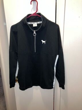 PINK Victoria's Secret Black Half-Zip Pullover with White Dog Logo Vintage M